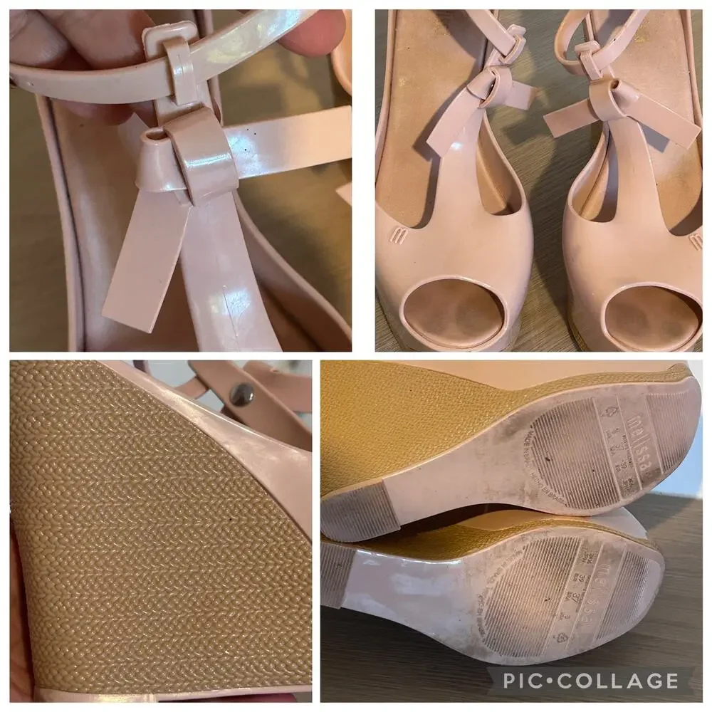 Melissa Light Pink Jelly Peep Toe Wedge Sandals with Bow T-Strap US 6 / EU 37
